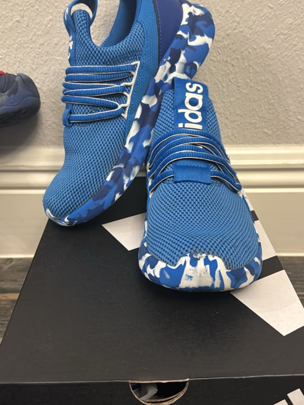 adidas Bright Blue Knit Sneakers with Blue and White Camo Midsole
